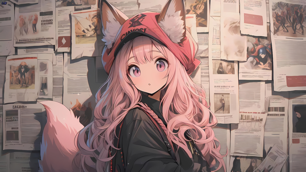 报纸墙萌系小女孩兽耳尾巴4K超清壁纸 3840x2160高清下载