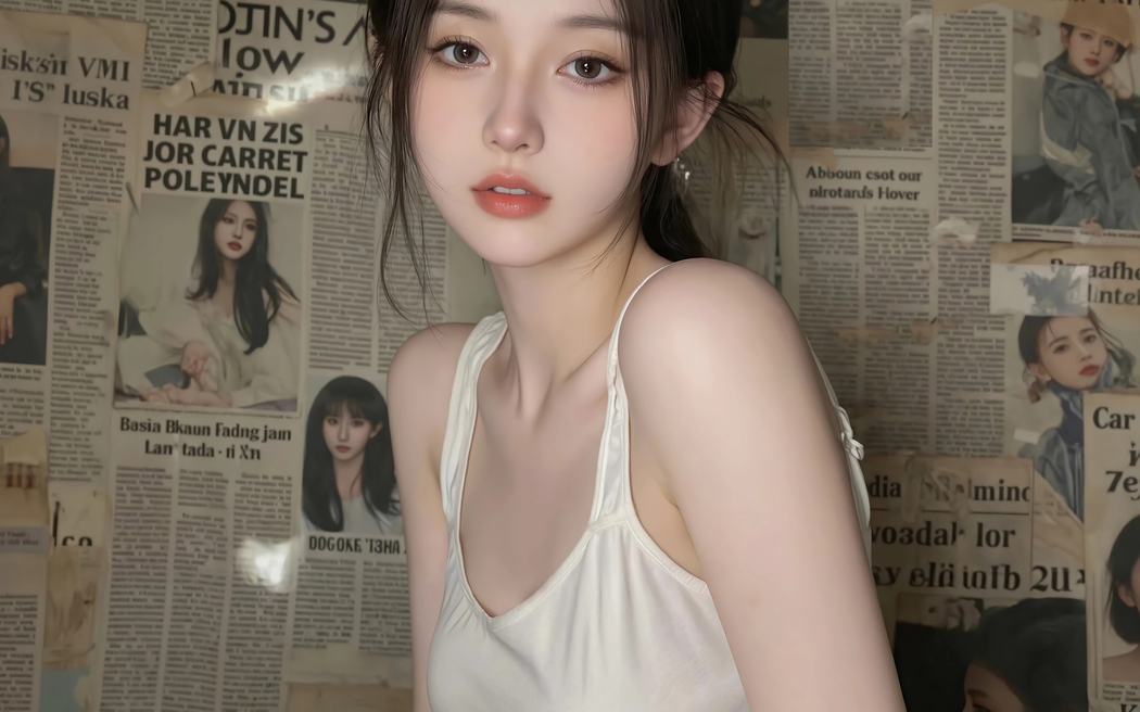 报纸墙美女高清壁纸 3200x2000 全屏适配平板笔记本