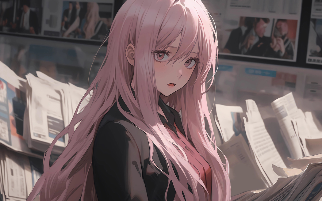 粉色长发女孩报纸墙高清壁纸 3200x2000 全屏适配平板笔记本
