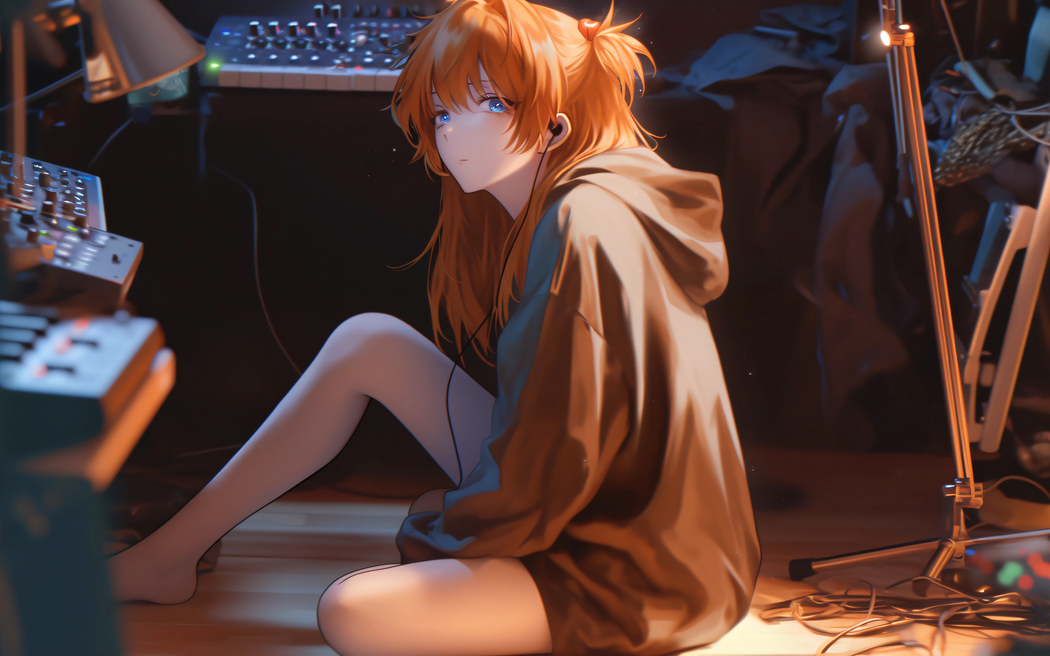 动漫女孩坐地板听音乐 高清3200x2000壁纸 全屏适配电脑平板笔记本