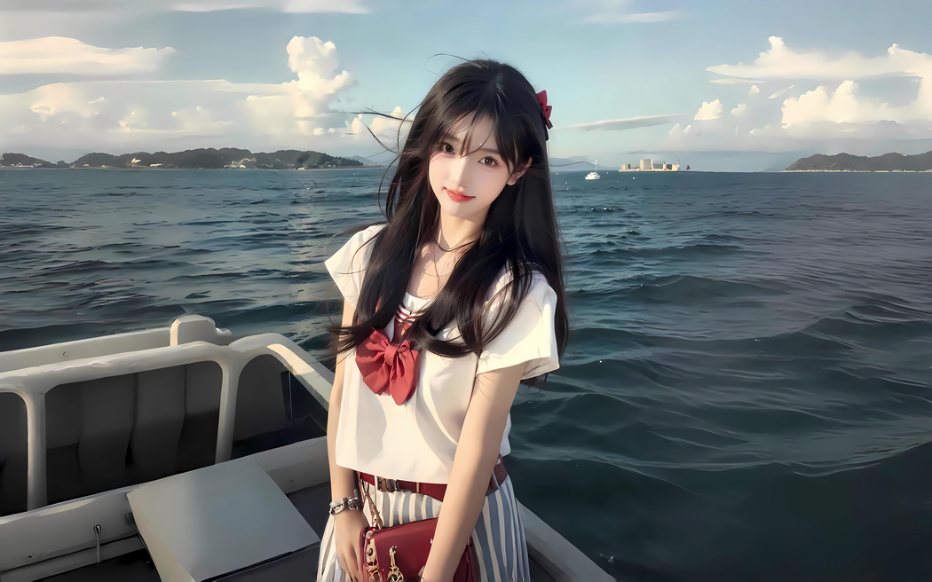 海上船影中的可爱女生长发4K全屏壁纸，3840x2400高清动漫图片下载