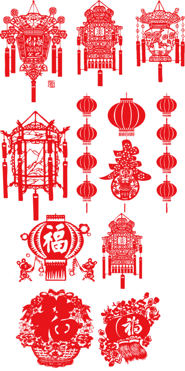 高清PNG透明灯笼剪纸素材，元旦春节元宵节日元素图片设计下载