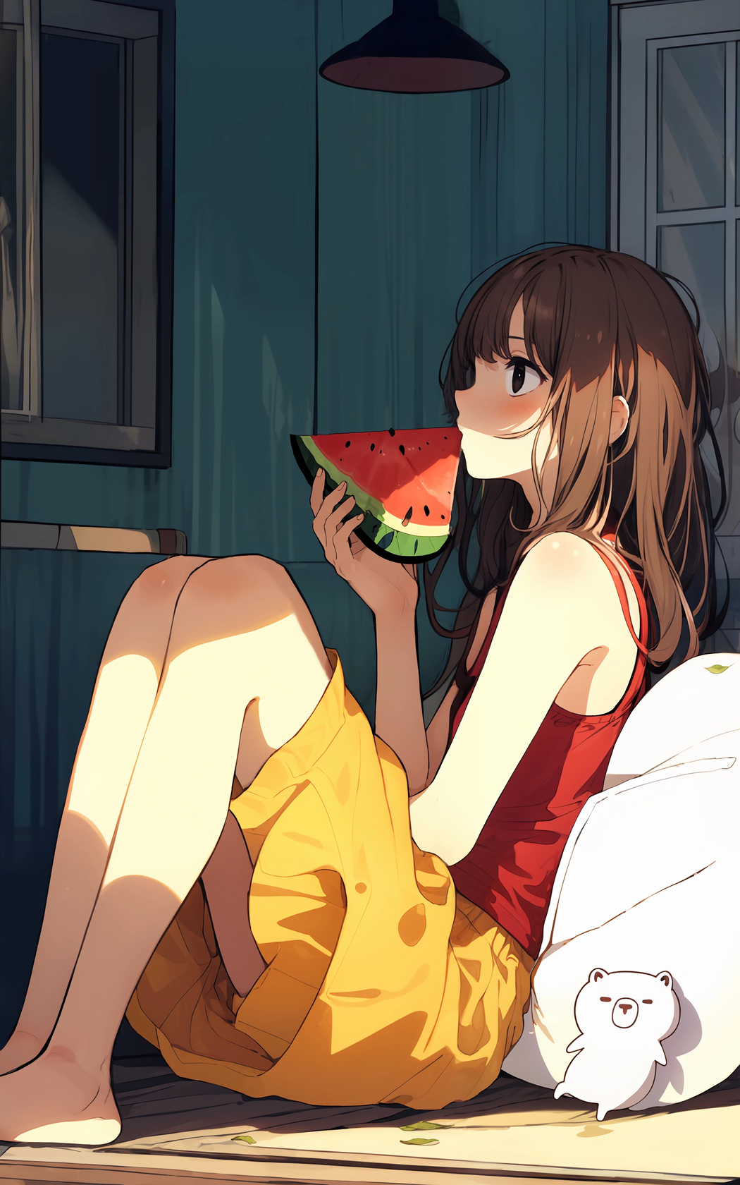 夏日可爱女生与西瓜4K动漫全屏手机壁纸，2400x3840高清下载