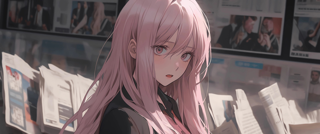 粉色长发女孩报纸墙 4K带鱼屏动漫壁纸 高清3440x1440下载