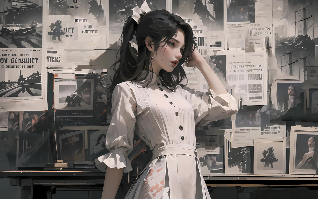 黑白风报纸墙女士裙子高清壁纸 3200x2000 全屏适用 下载
