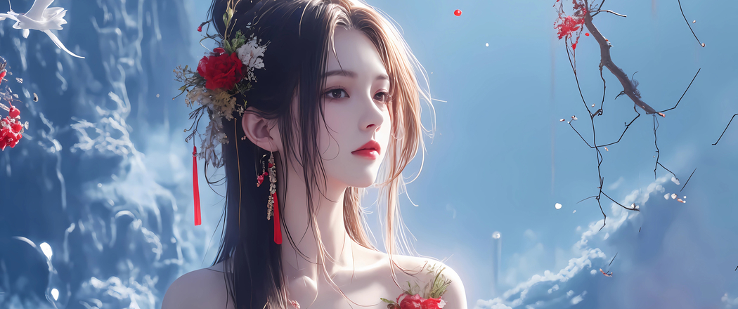 古风红衣女子与红花4K超清壁纸，3440x1440带鱼屏动漫图片下载