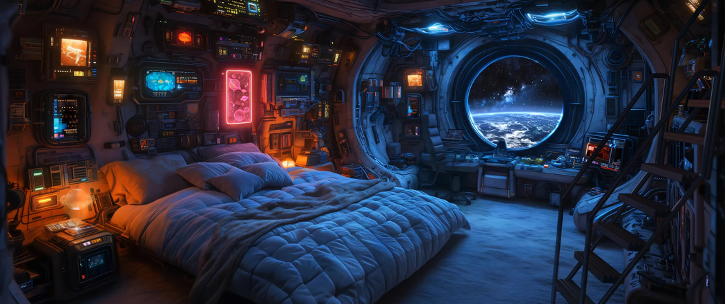 4K高清壁纸下载，宇宙窗景科幻卧室个性房间，带鱼屏3440x1440动漫图片