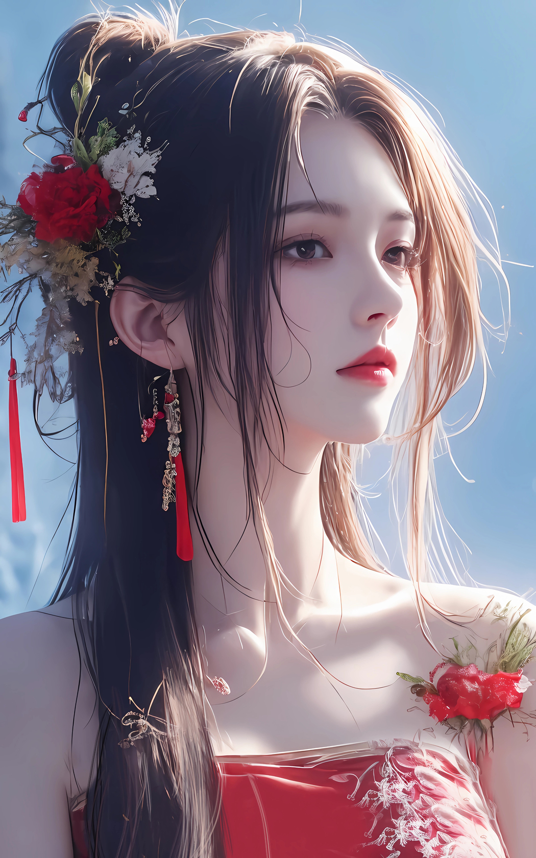 古风红衣美女配红花 4K超清全屏手机壁纸 2400x3840 下载
