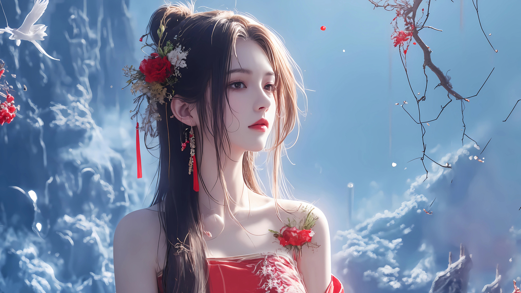 唯美古风红衣女子与红花4K动漫壁纸，3840x2160高清下载