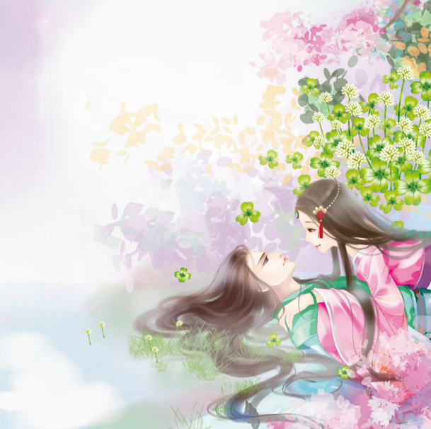 手绘花丛情侣高清PNG透明背景卡通素材下载