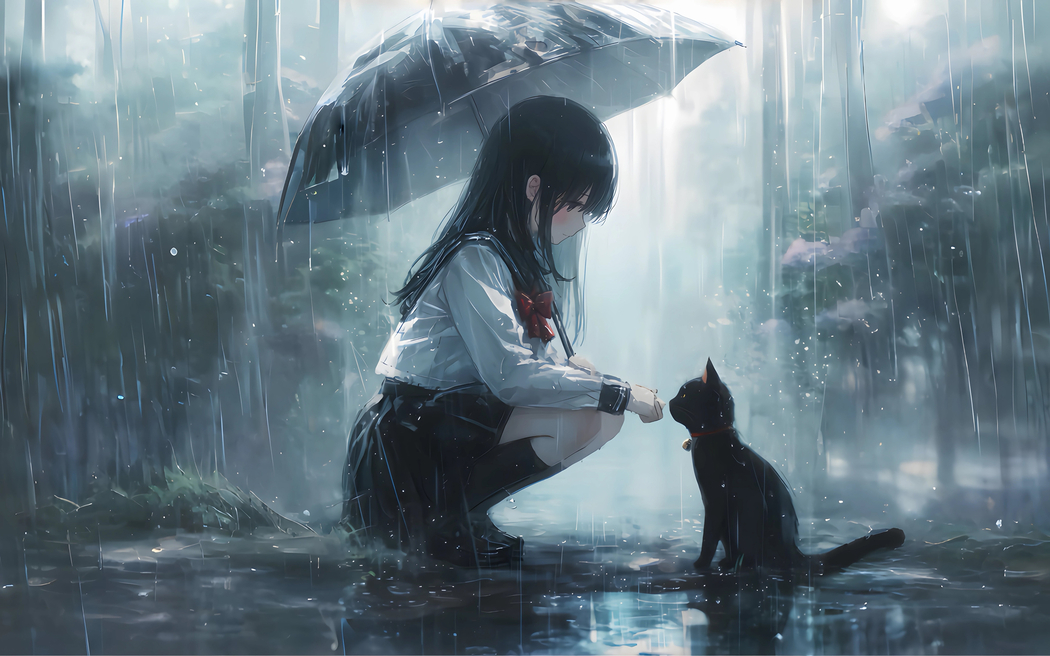 雨天小女孩与猫咪高清动漫壁纸 2560x1600 下载