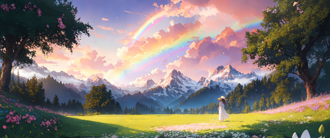 小女孩与美丽风景，3440x1440高清4K带鱼屏壁纸，花草树林尽收眼底，一键下载