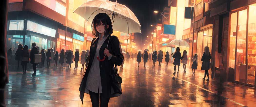 夜晚雨天步行街动漫女孩4K带鱼屏高清壁纸3440x1440下载