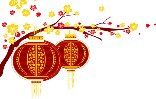 国庆节手绘灯笼花枝高清PNG透明图片素材下载