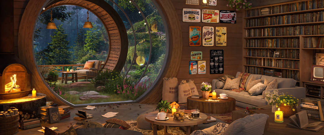 4K高清壁纸下载，圆形门温馨小家，鲜花森林美景，带鱼屏3440x1440