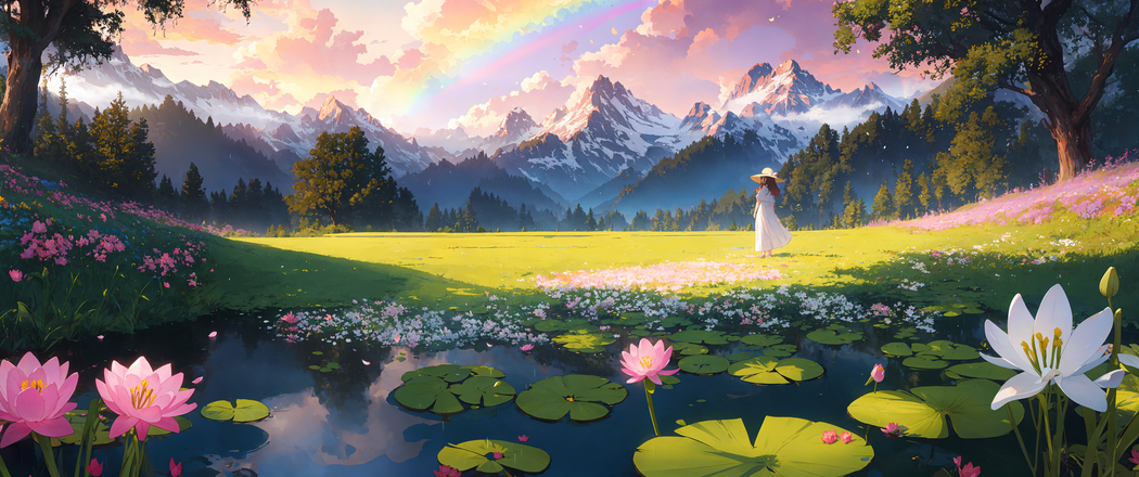 4K高清壁纸，户外荷塘绿草地，小女孩赏景，带鱼屏3440x1440下载