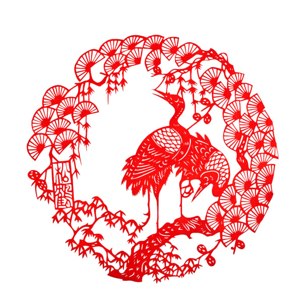 中国风仙鹤剪纸PNG透明图，元旦春节元宵节日素材下载
