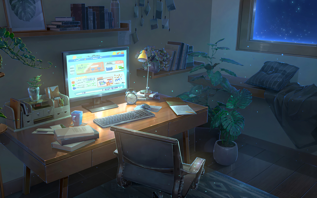 书房电脑桌与台灯动漫高清壁纸2560x1600下载