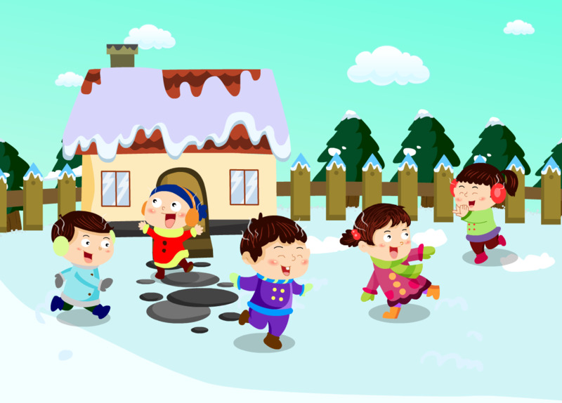 幼儿雪地嬉戏高清PNG卡通手绘背景素材下载