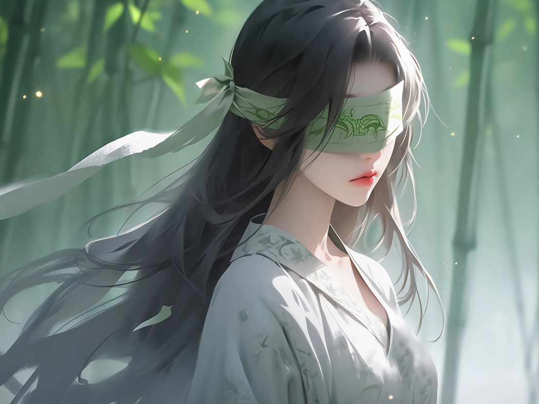 竹林古风美女蒙眼动漫高清壁纸，2732x2048分辨率，适用于平板/笔记本