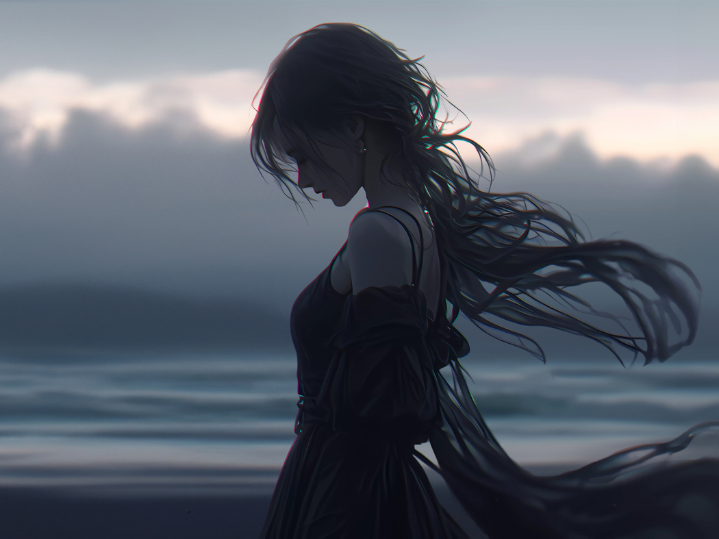 唯美暗系长发女孩，黑衣裙平板壁纸，高清2732x2048，适配笔记本与便携设备下载