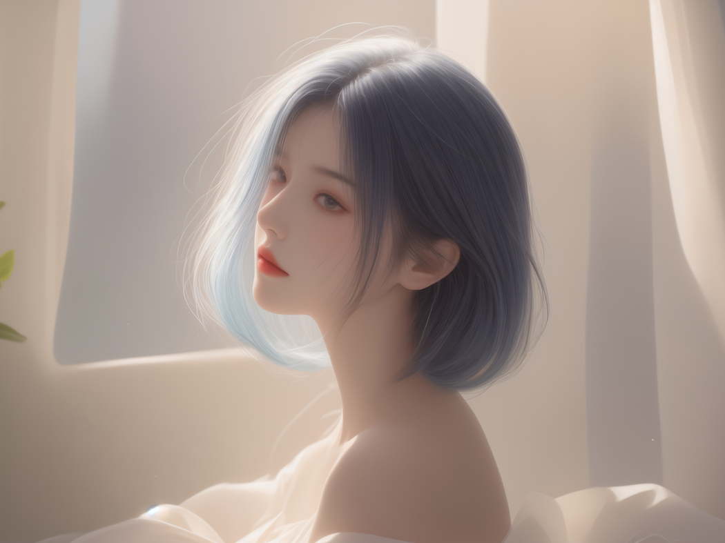 唯美短发女孩与绿植居家场景 高清2732x2048壁纸 适用于平板/笔记本下载