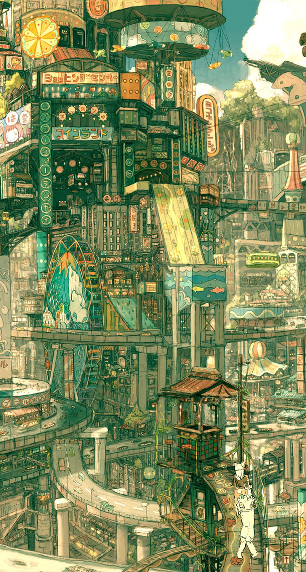 动漫插画梦幻城市高清PNG透明背景素材，H5设计元素下载