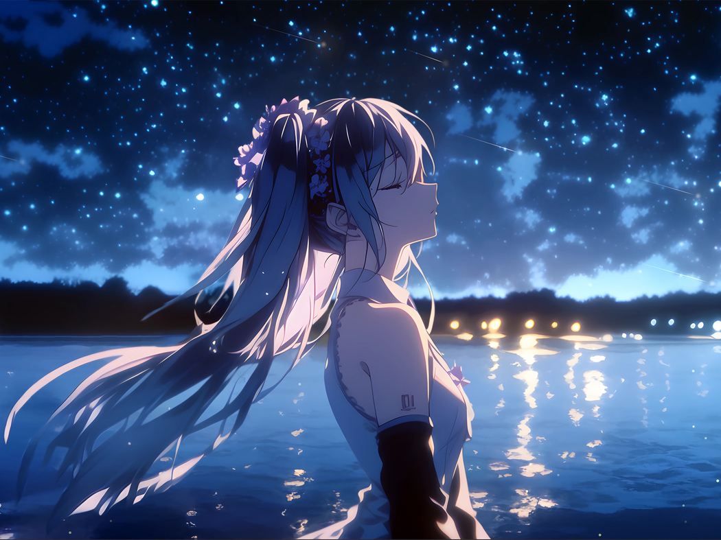 初音未来湖畔星辰高清壁纸，适配平板笔记本，2732x2048分辨率下载