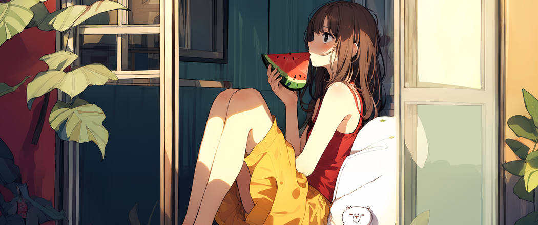 4K高清动漫壁纸，可爱女生坐地板抱西瓜，带鱼屏3440x1440分辨率下载