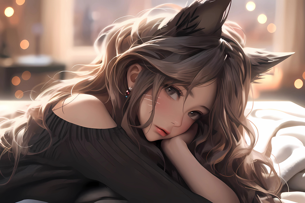 猫耳动漫少女托腮高清壁纸 3000x2000 适配平板笔记本
