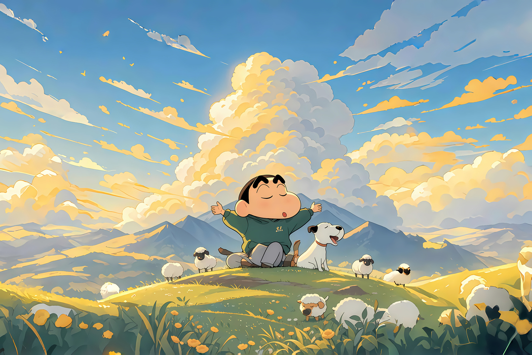 蜡笔小新与小狗小绵羊草地高清壁纸，3000x2000分辨率，适配平板笔记本等便携设备下载