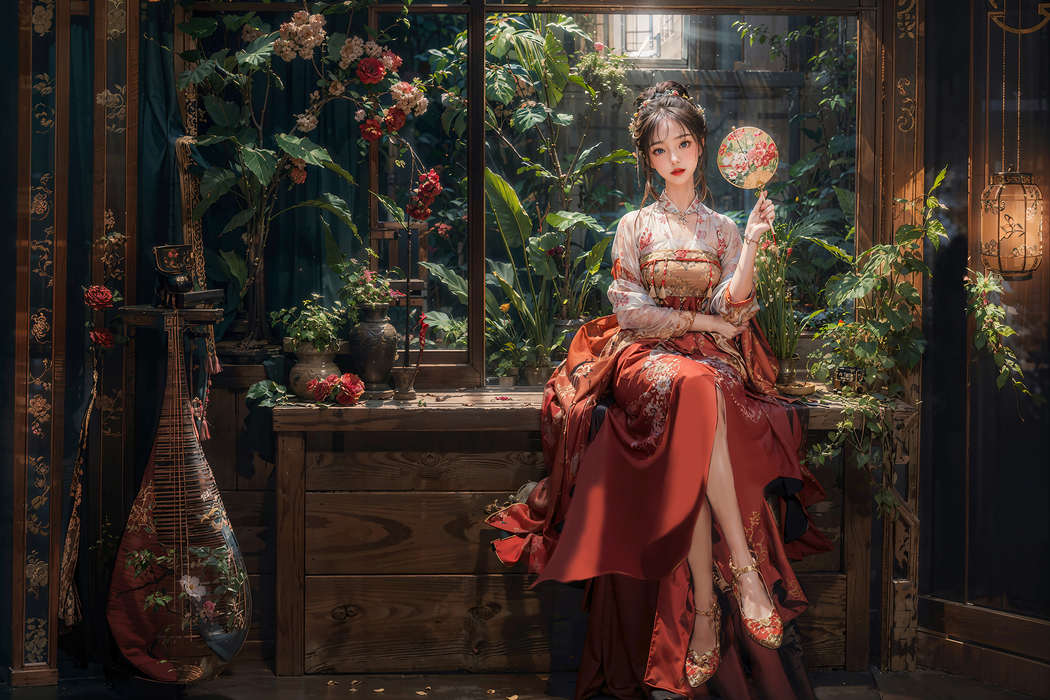 古风美女红衣执扇 3000x2000高清壁纸 适配平板笔记本便携设备