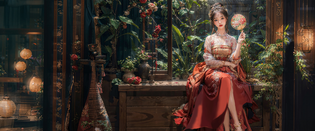 古风美女执扇红衣4K超清壁纸，带鱼屏3840x1600高清动漫图片下载