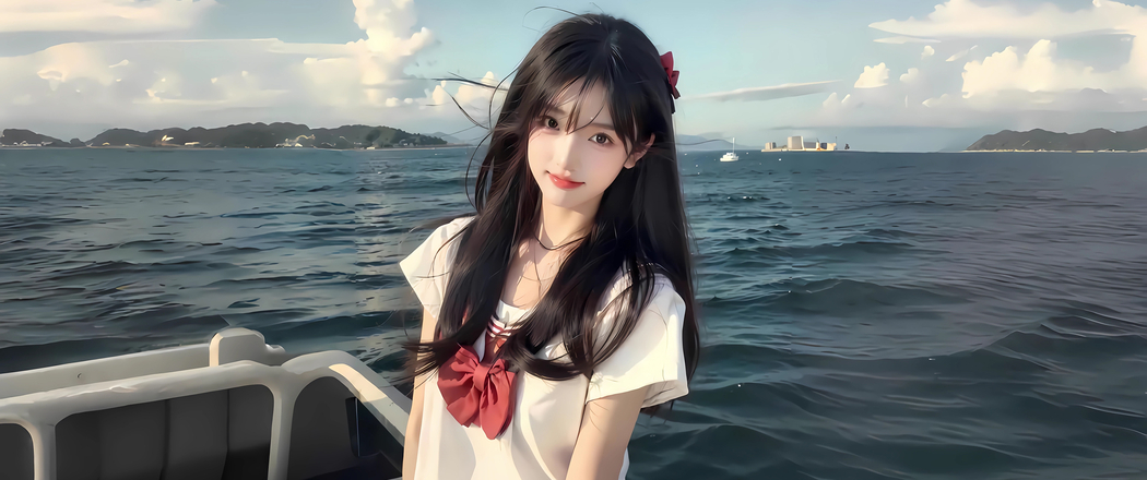 海上可爱女生船景4K动漫壁纸，带鱼屏3440x1440高清下载