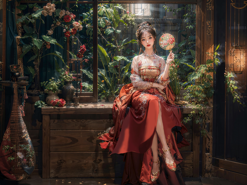 古风美女执扇，红裙映绿植鲜花，高清平板壁纸2732x2048下载