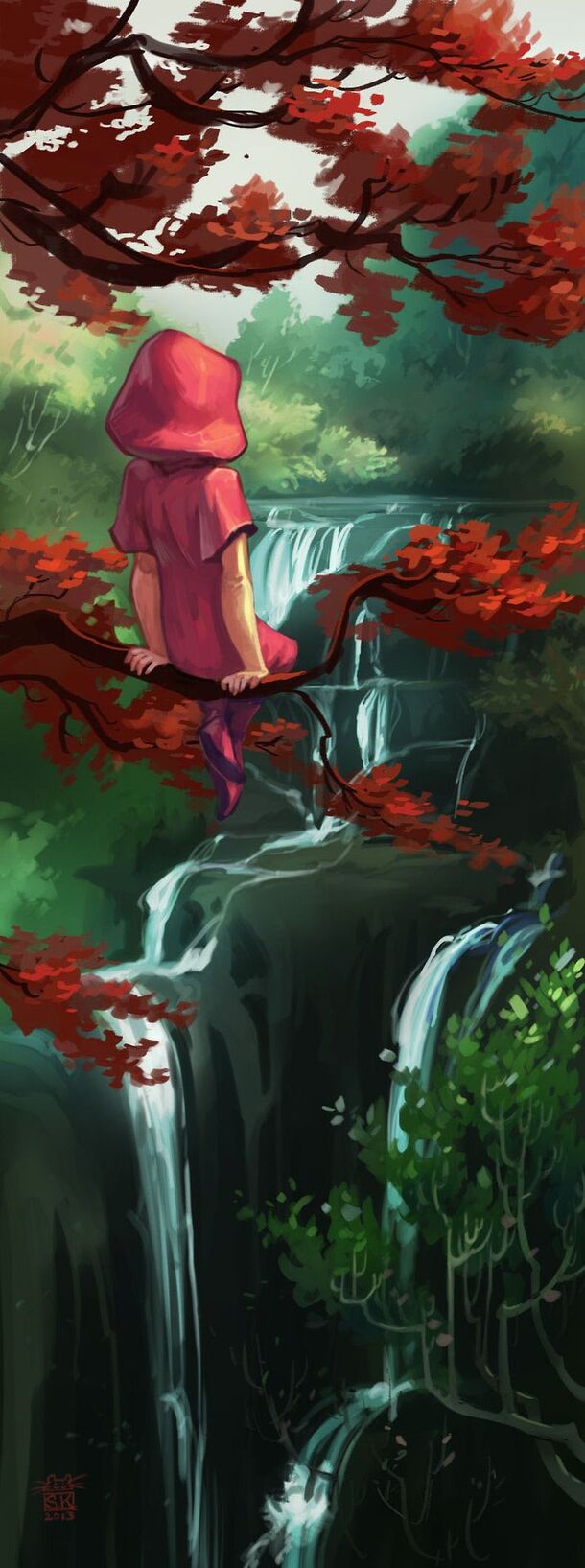 森林枫树小红帽插画PNG透明高清背景元素，H5设计素材下载