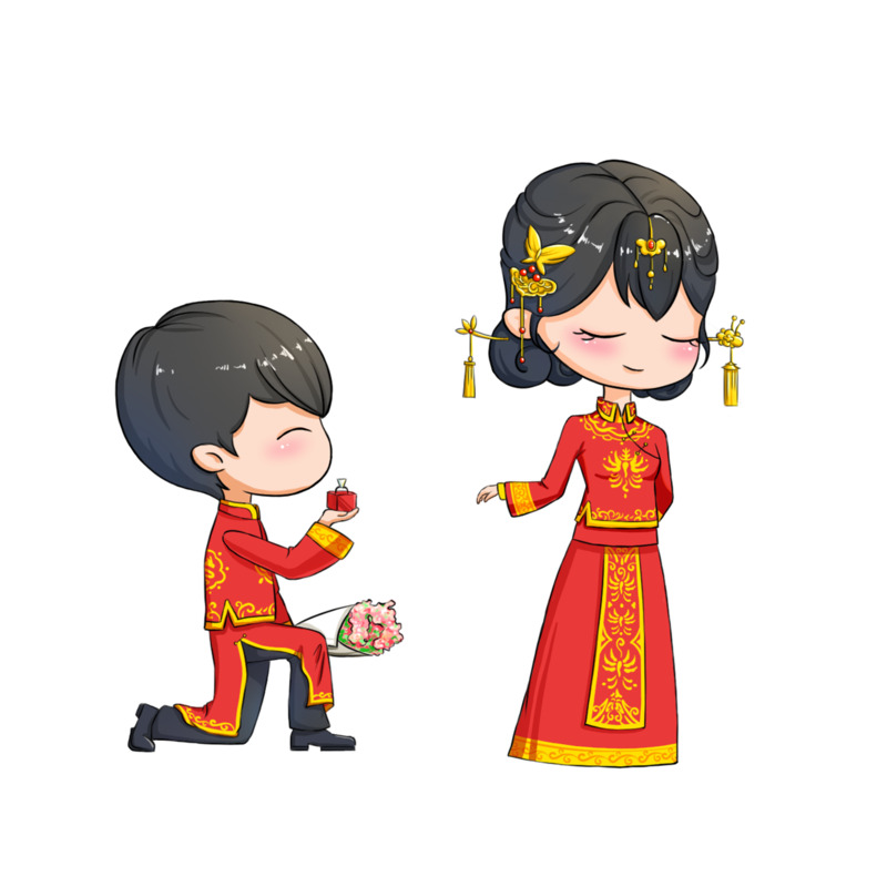 高清求婚喜服卡通小人PNG透明图片素材，手绘卡通元素下载