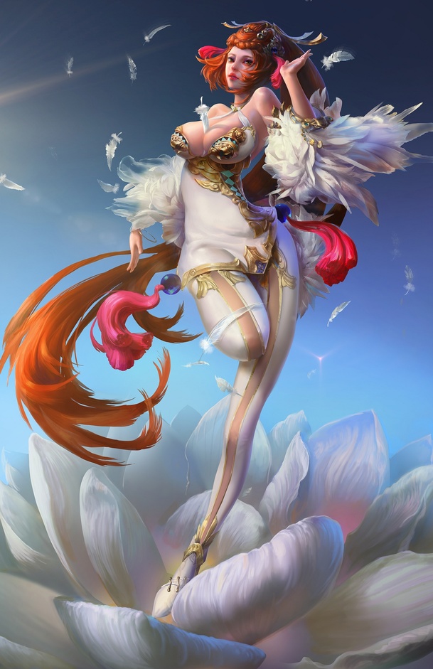 白色羽毛服饰美女卡通手绘PNG透明背景素材下载