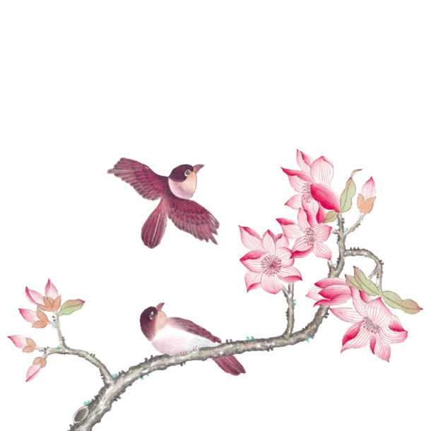 水彩桃花麻雀小鸟高清PNG素材，透明装饰元素，墨迹笔触图片下载