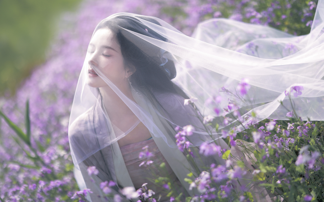 刘些宁紫色鲜花头纱唯美4K壁纸，3840x2400高清下载