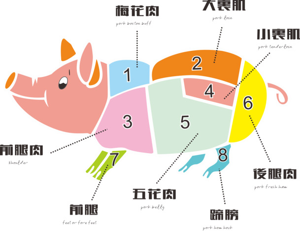 高清猪肉分割部位PNG图，透明装饰花纹设计素材下载