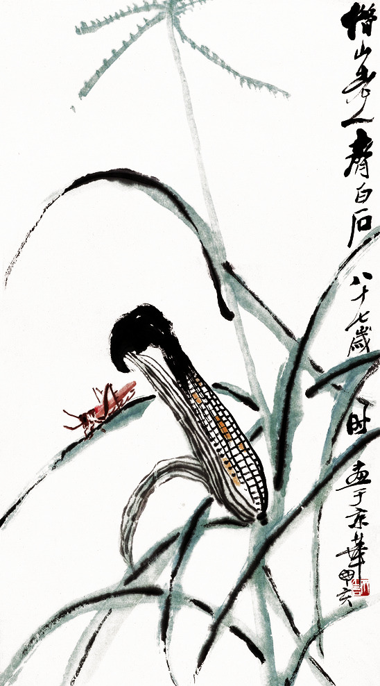 齐白石风格玉米昆虫高清PNG透明装饰素材，墨迹笔触设计图免费下载