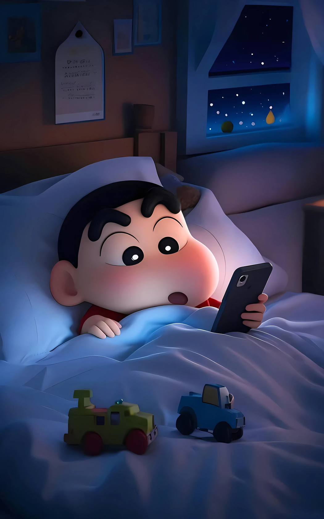 蜡笔小新夜晚床景4K高清手机壁纸，全面屏2400x3840图片下载