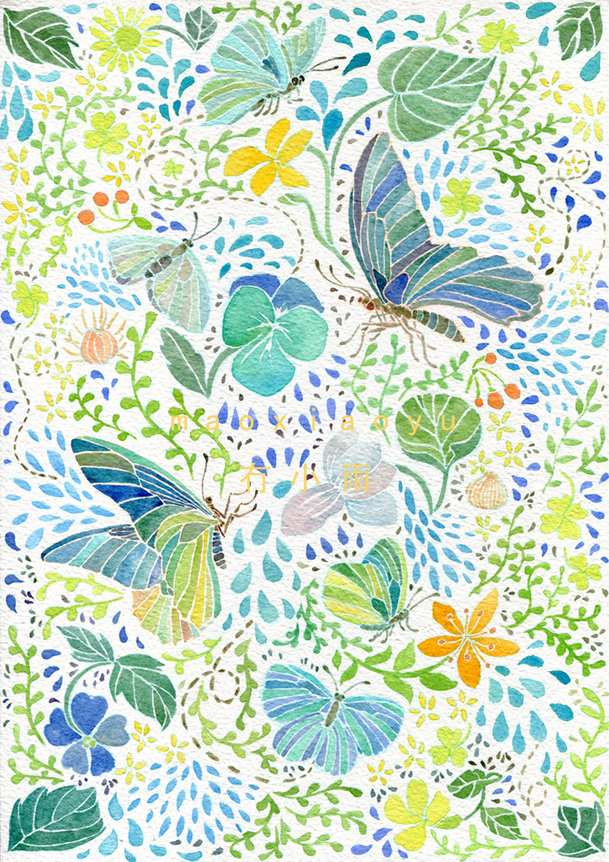 高清PNG蝴蝶花纹手绘插图，透明背景H5设计素材下载