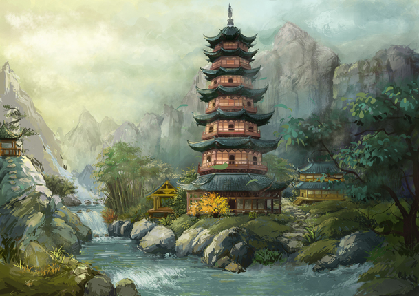 高塔环境渲染抽象梦幻图片素材，天空水面彩绘PNG透明背景下载