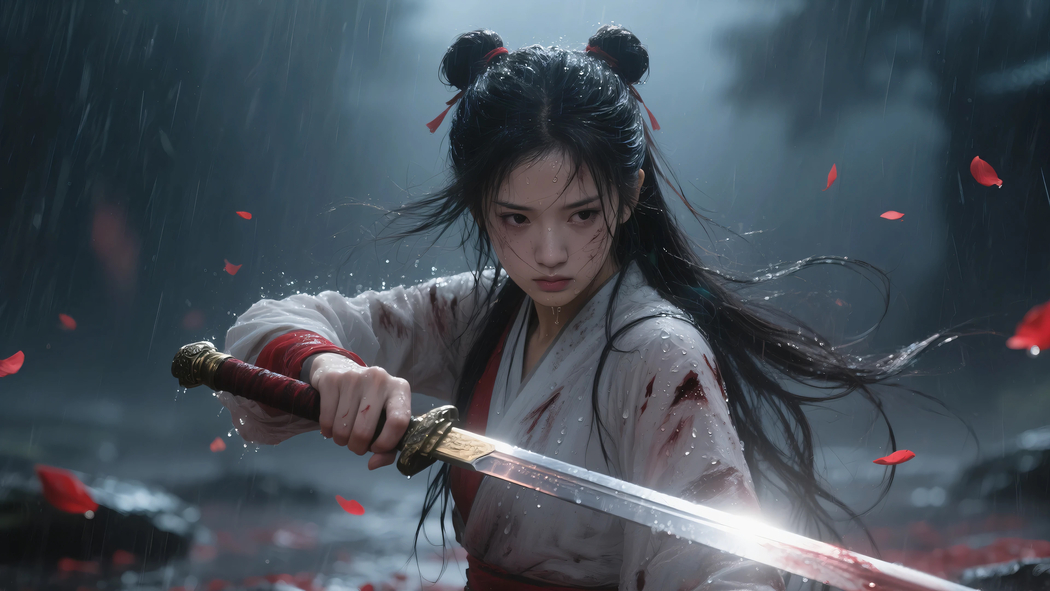 武侠风情，雨中古装美女仗剑，红瓣飘落，4K高清壁纸与动漫美图下载（3840x2160）