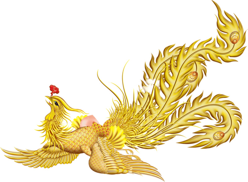 国潮金色凤凰高清PNG动植物设计素材下载（PSD格式）