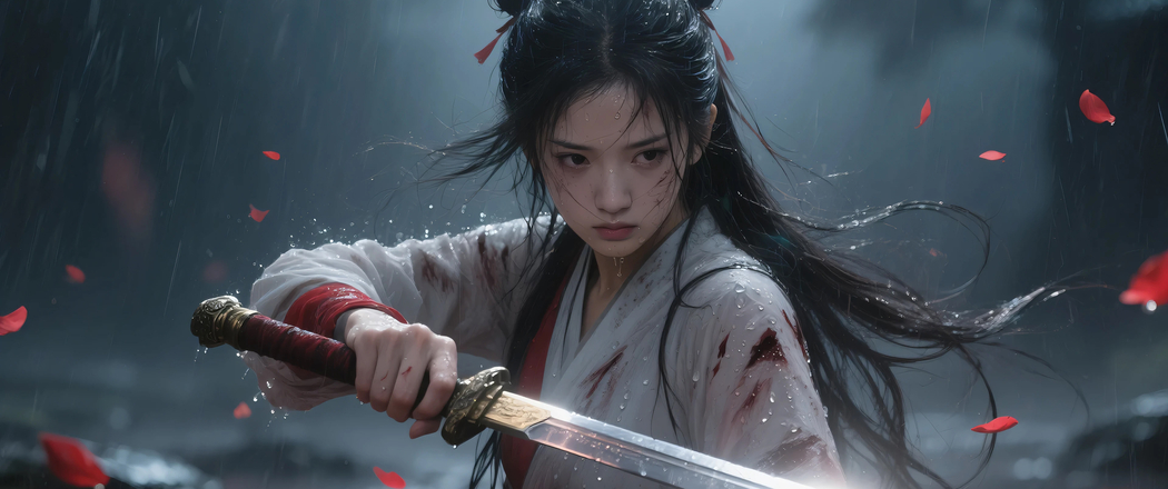 古装美女雨中舞剑，武侠风情4K动漫壁纸，带鱼屏3440x1440高清下载
