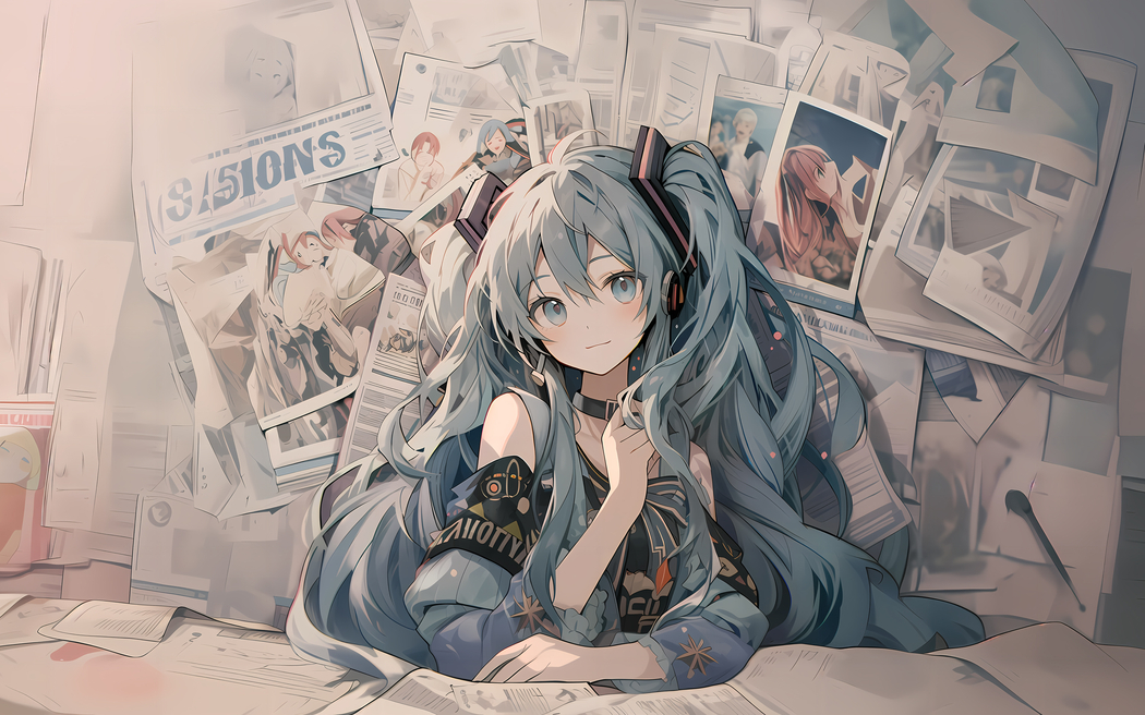 初音未来4K壁纸下载，海报报纸墙风格，3840x2400高清动漫图片