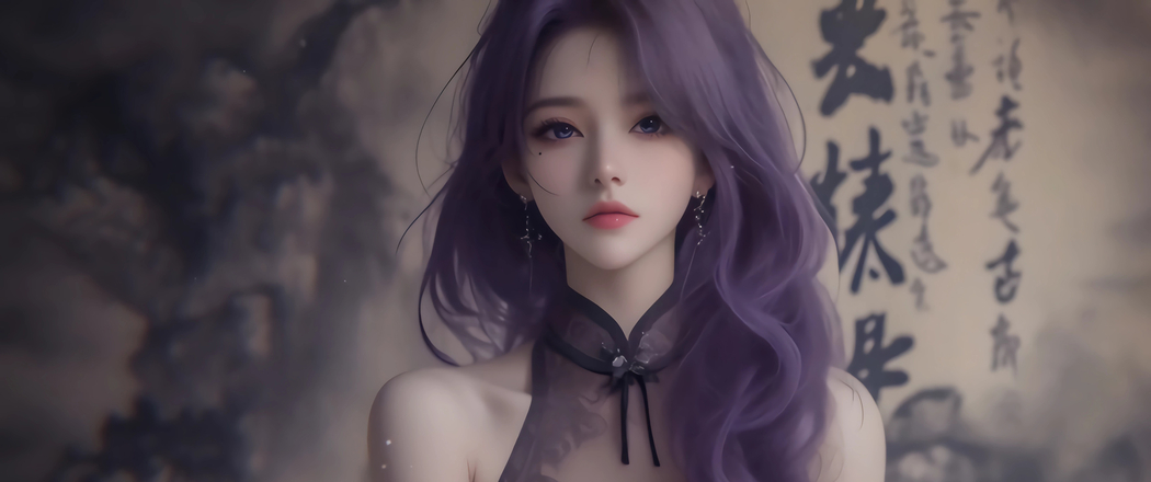 紫色长卷发古风美女4K高清壁纸，3440x1440带鱼屏动漫图片下载